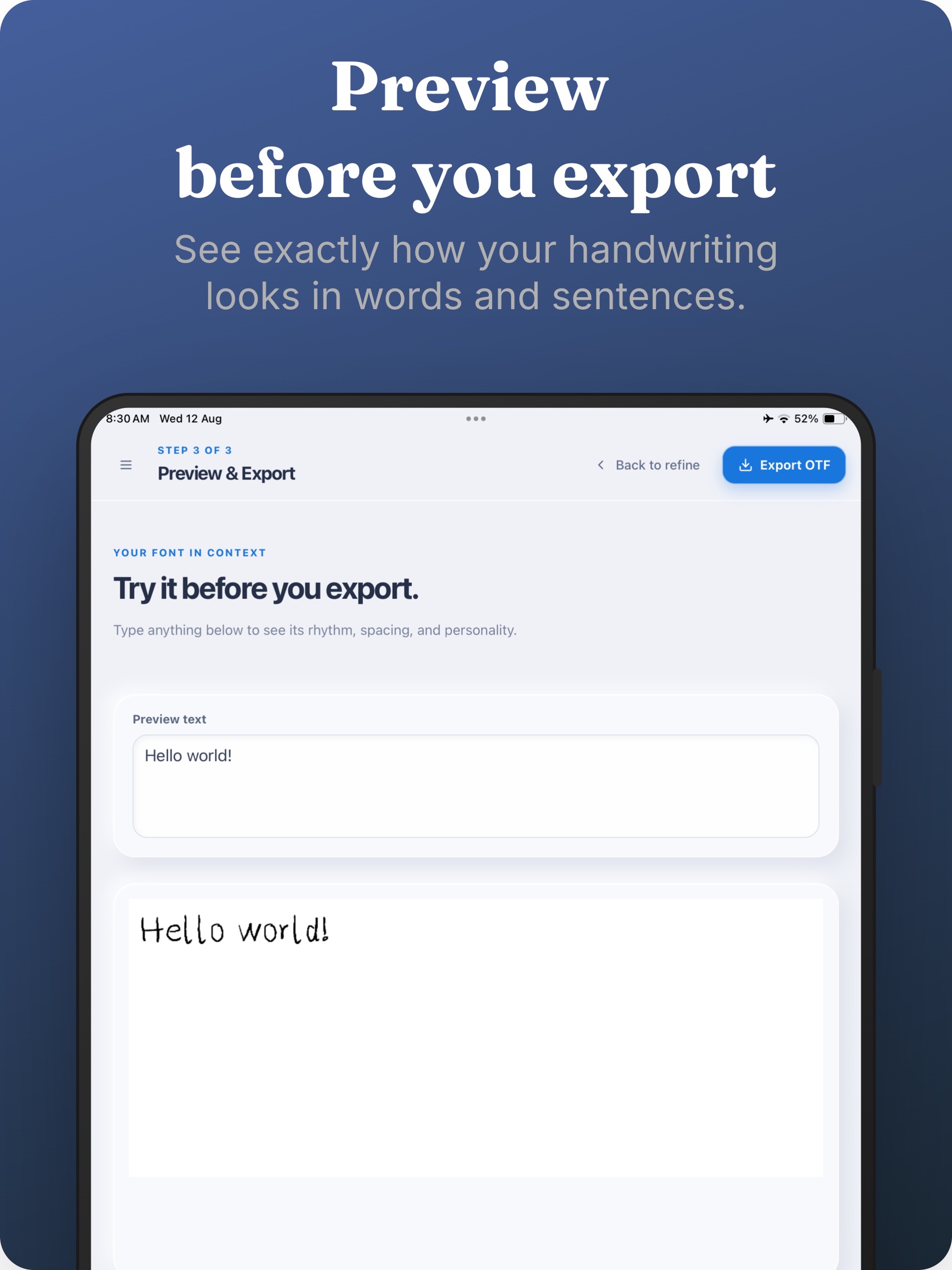 That’s My Font typeface preview before export