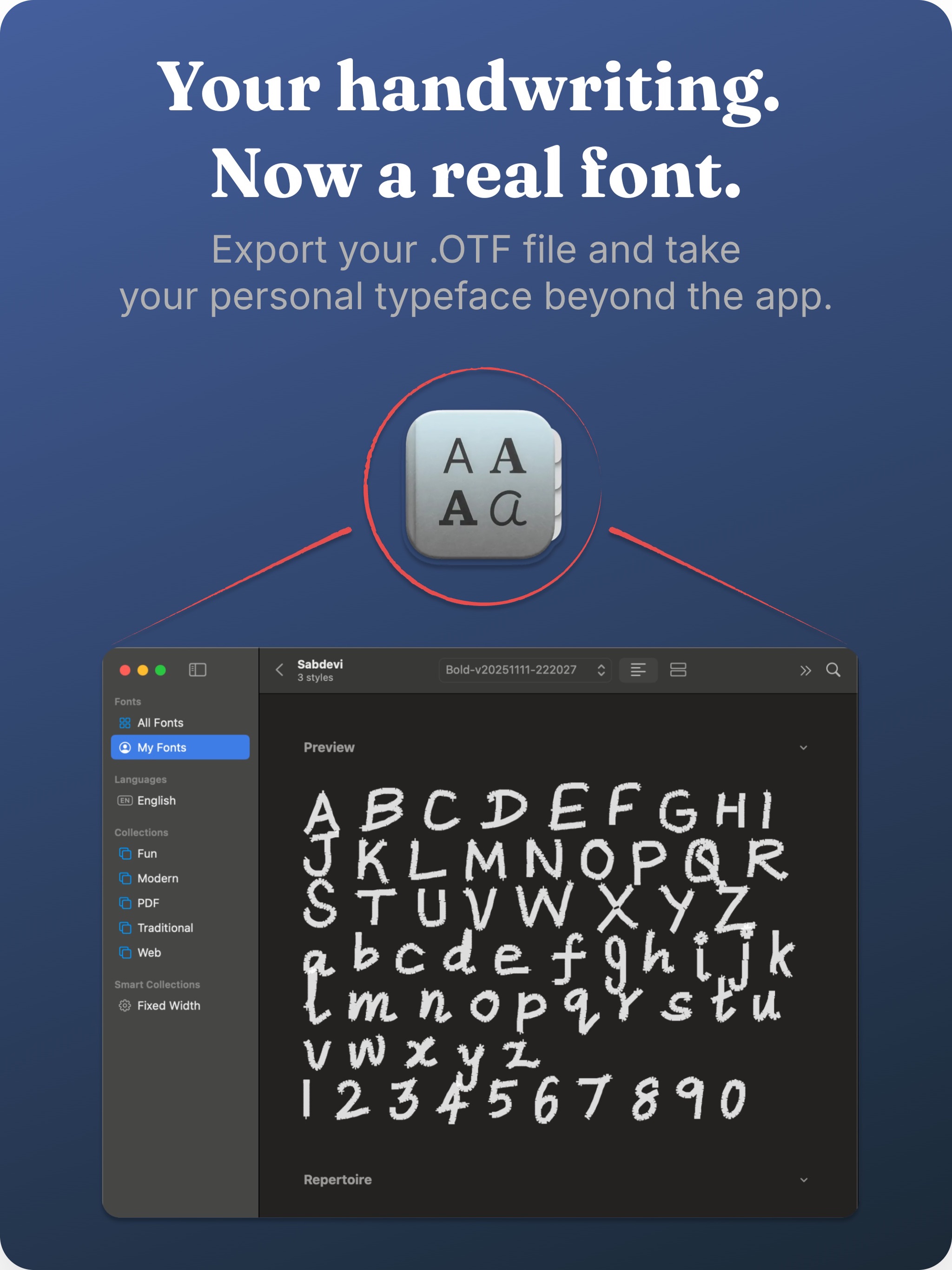 Exported handwriting font shown in Font Book