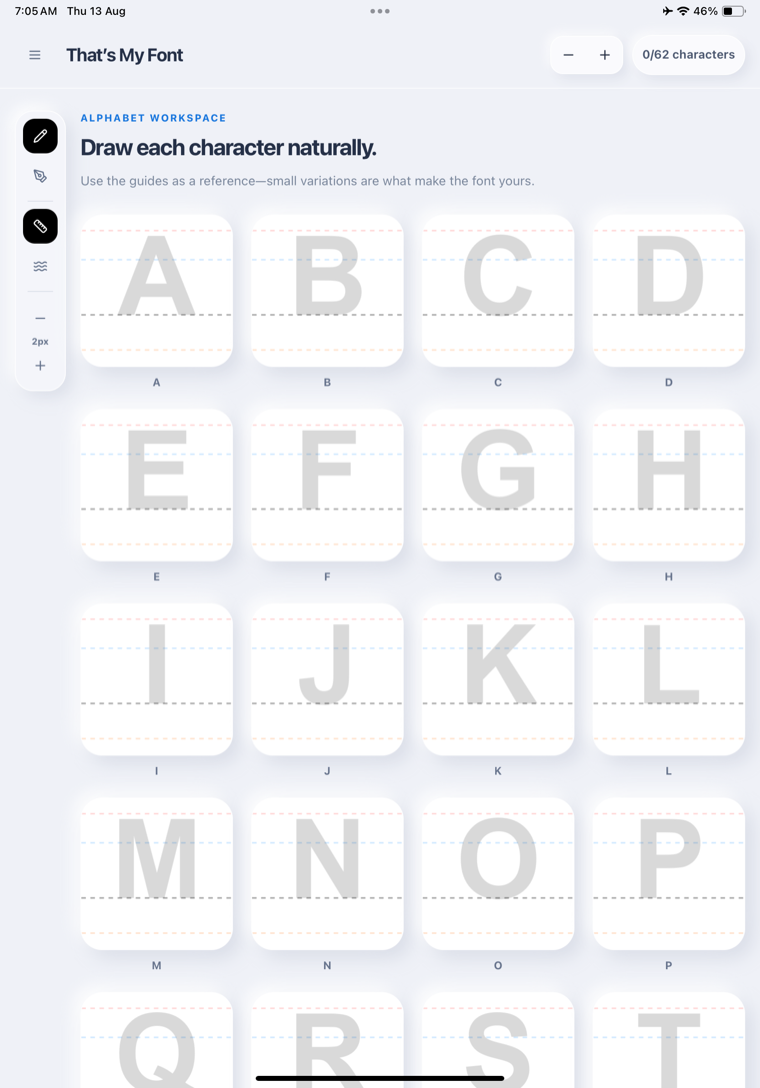 That's My Font alphabet drawing screen