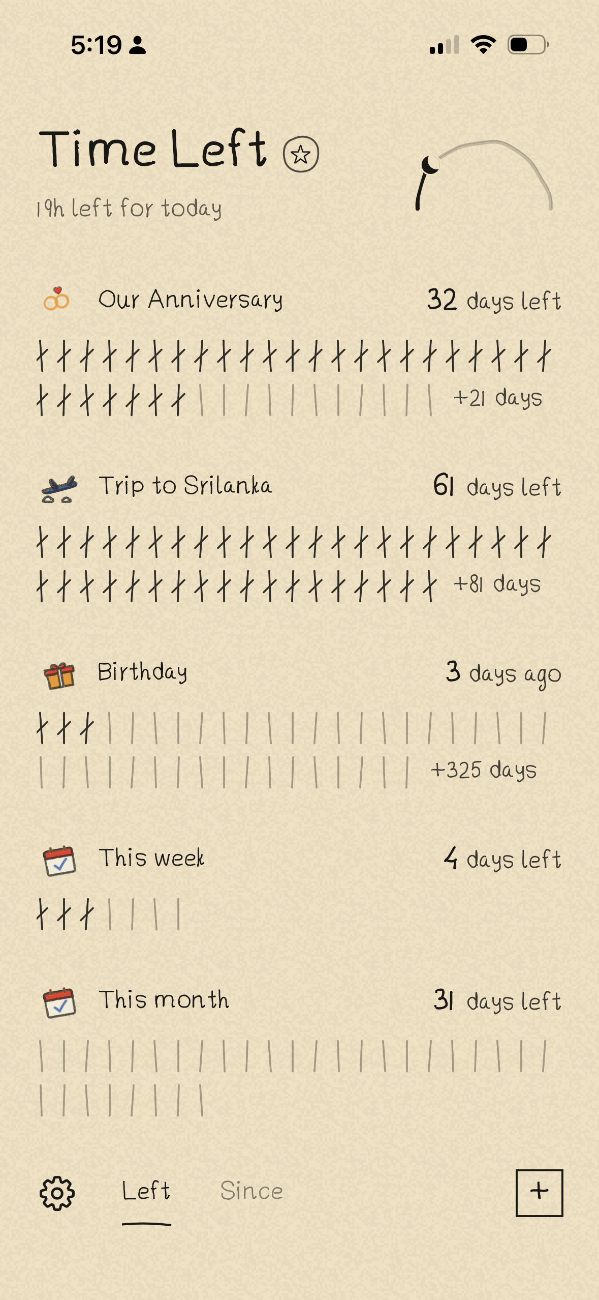 Time Left home screen showing upcoming dates