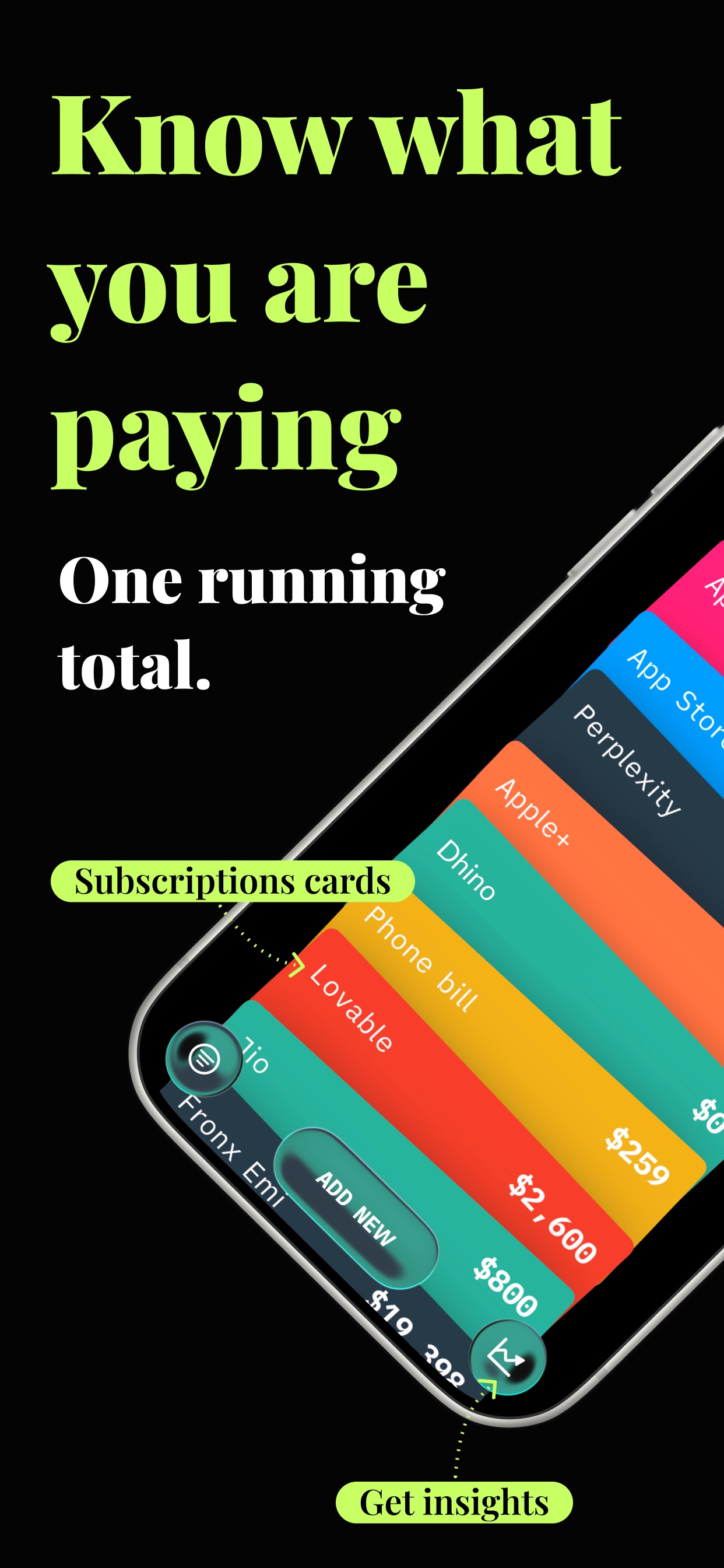 WhatPay running total and subscription cards