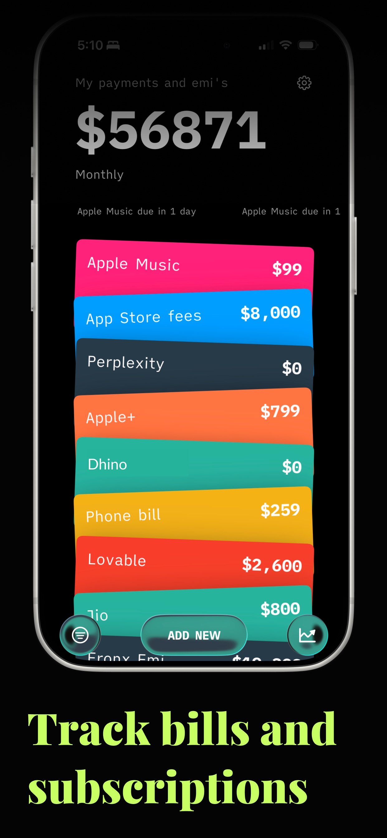 WhatPay dashboard showing recurring bills and subscriptions